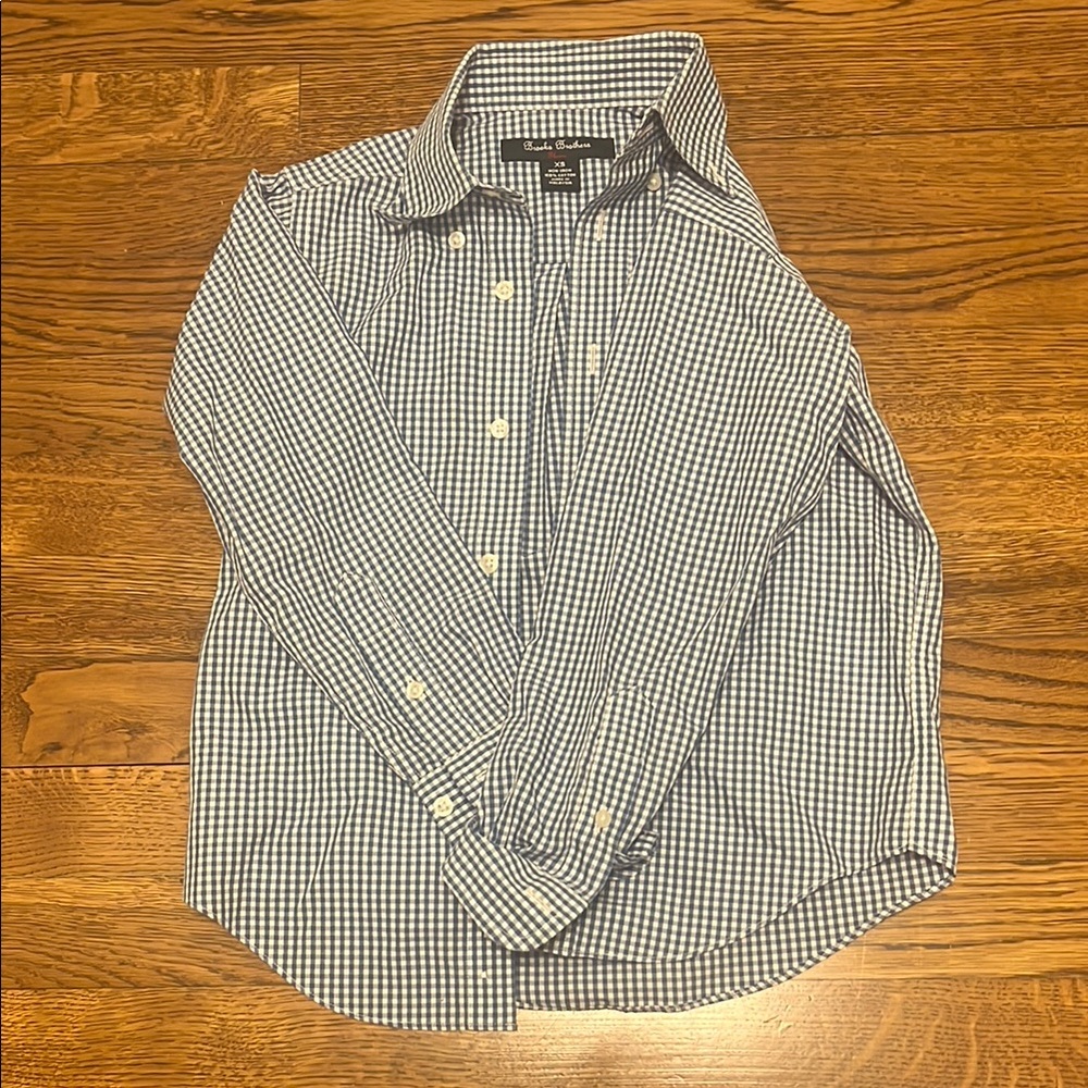 Brooks brothers boys blue checkered button down shirt XS